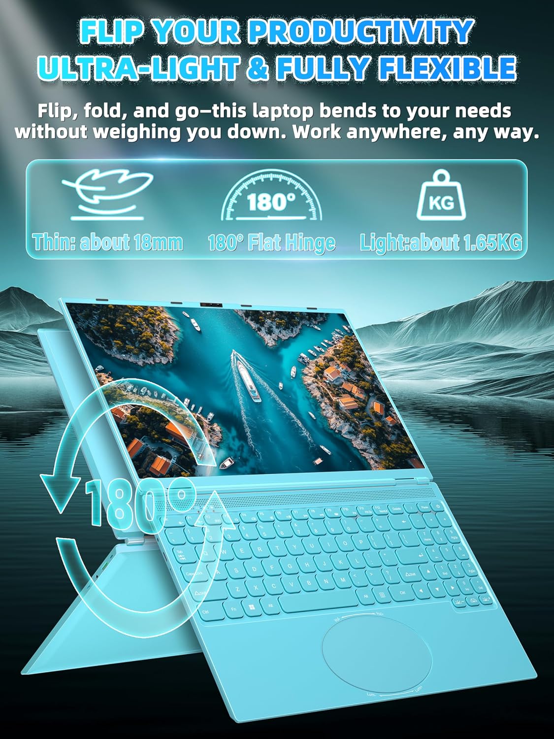 16' Blue Laptop, DDR4 16GB RAM 512GB SSD, 1920x1200 FHD IPS, Quad-Core N95 Processor (Up to 3.4GHz), Color Backlit KB, Face Recognition & Gesture Touchpad, Win 11 Pro for Business & Student