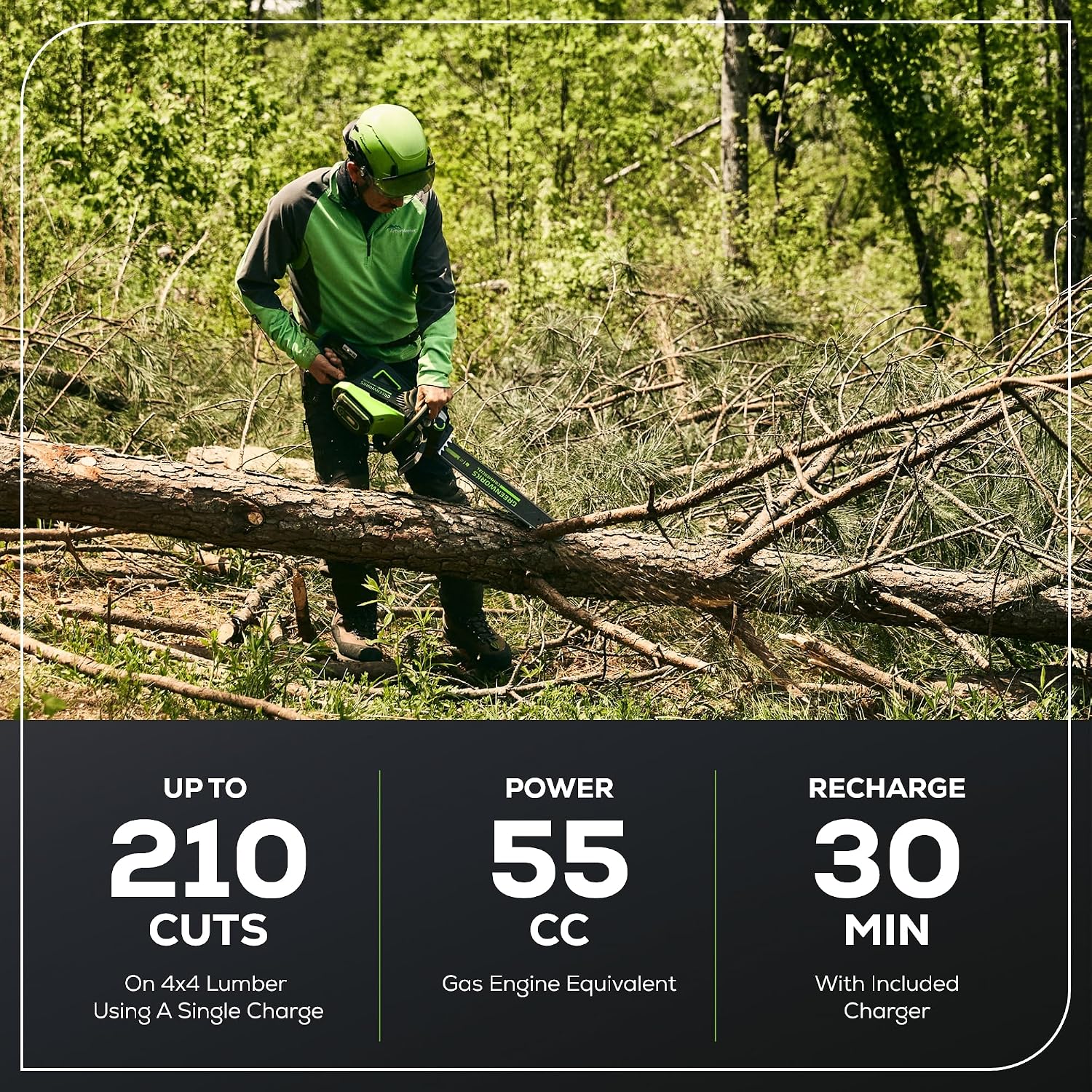 Greenworks 82V 18' Brushless (2.7 kW) Cordless Chainsaw (210 Cuts Per Charge), 4.0Ah Battery and Dual Port Rapid Charger (Great For Landscapers and Professionals)