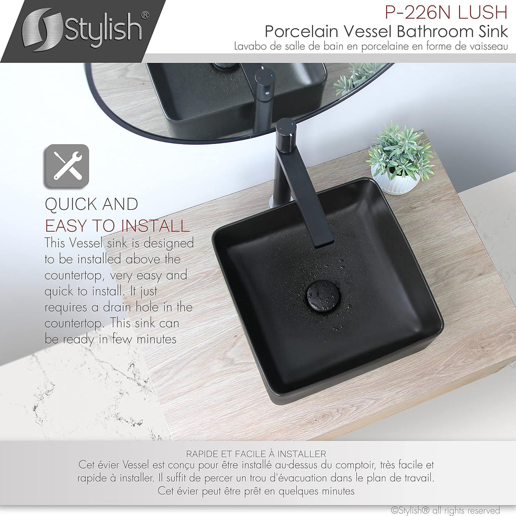 Stylish Vessel Sink 14.5 x 14.5 Inch Square Porcelain Over the Counter Black Bathroom Sink Enamel Glaze Finish Smooth and Stain Resistant Non Porous Surface, P-226N