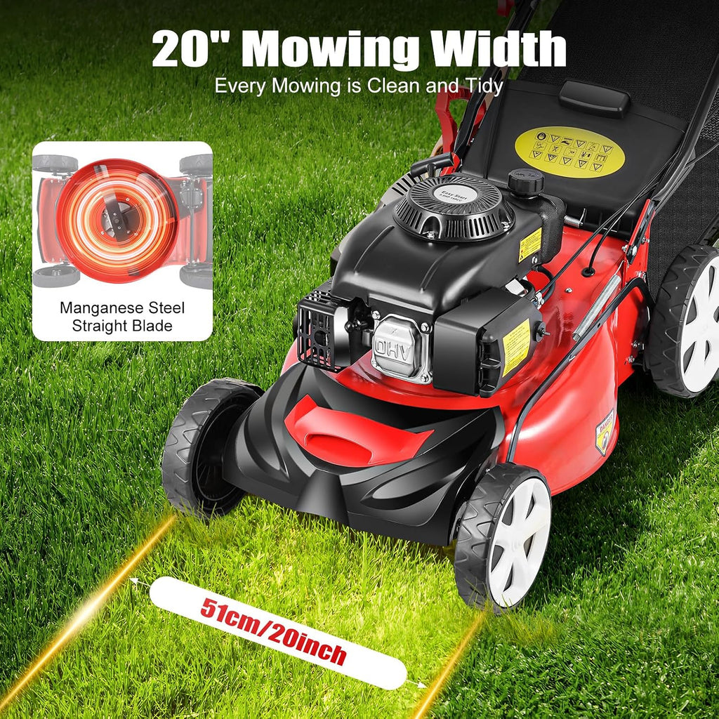 Self Propelled Gas Lawn Mower, 4-Stroke 140CC 5HP OHV Gasoline Lawn Mowers 3-in-1 Multifunctional Push Mowing Single Cylinder Mulching Lawnmower w/8 Gears Height Adjustments for Urban Gardens, Villas