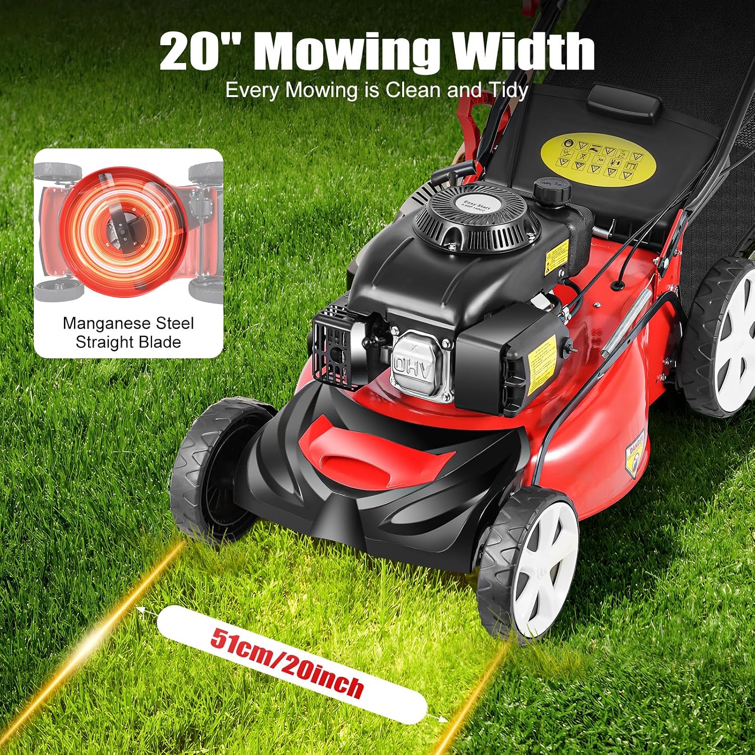 Self Propelled Gas Lawn Mower, 4-Stroke 140CC 5HP OHV Gasoline Lawn Mowers 3-in-1 Multifunctional Push Mowing Single Cylinder Mulching Lawnmower w/8 Gears Height Adjustments for Urban Gardens, Villas