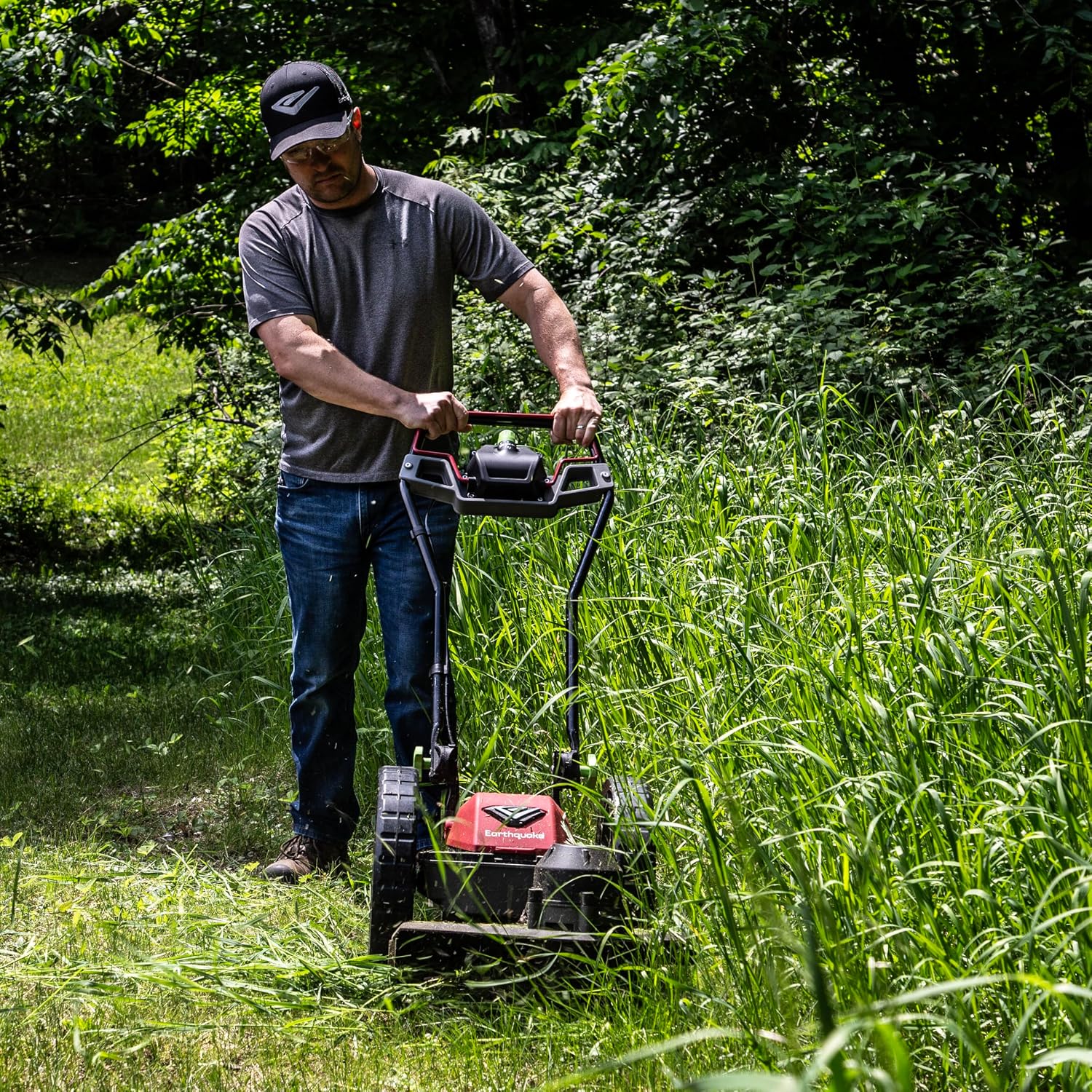 Earthquake 60V Walk Behind String Mower, Includes Two 4Ah Batteries, 22' Cutting Diameter, Three Cutting Speed Dial, 14' Never-Go-Flat Wheels, Easy Assembly, Adjustable Handlebar, Model #44965