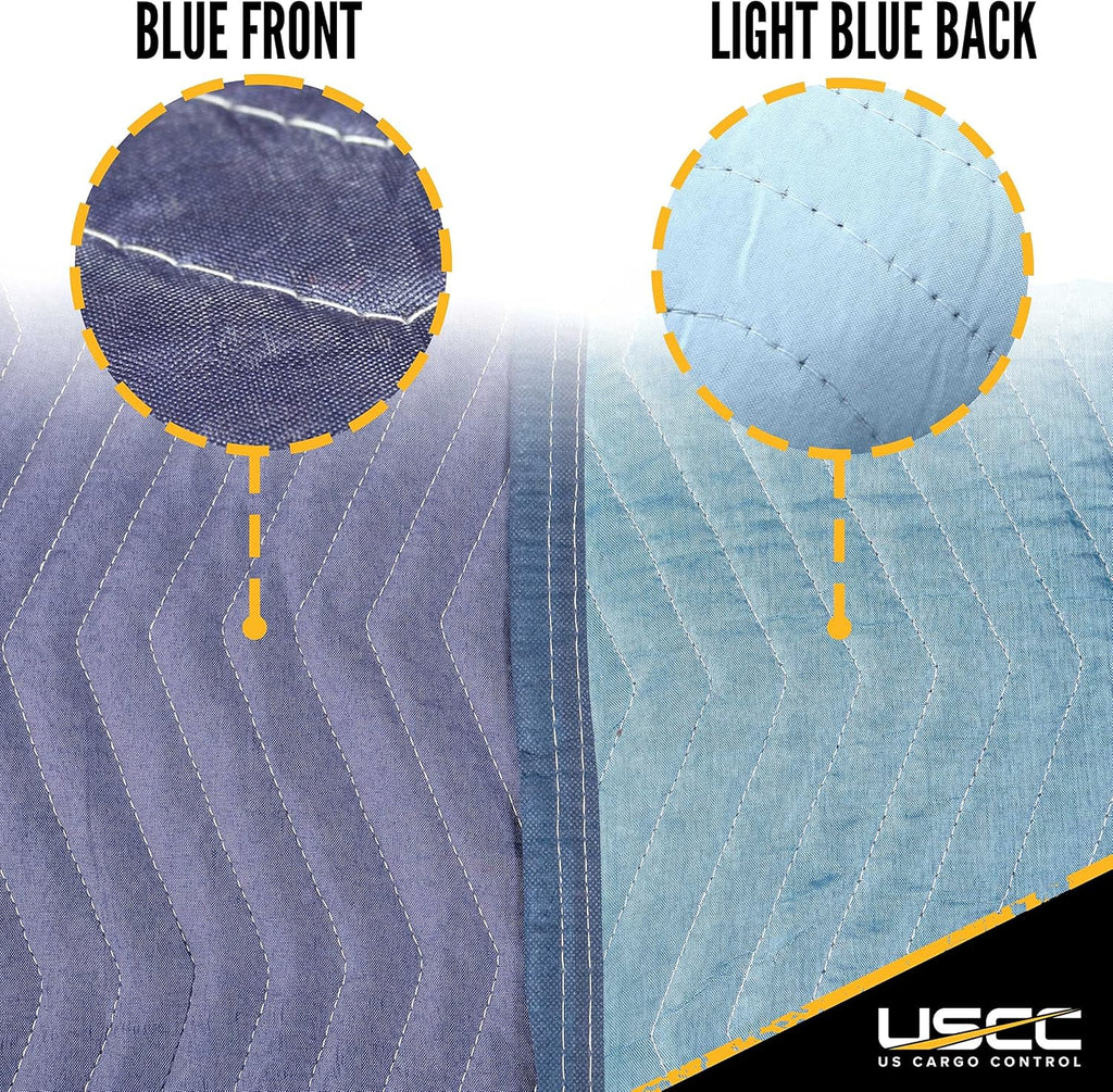 US Cargo Control Moving Blankets 80'x72' MBMEGA85 Mega Mover, (85 lb/doz weight), Professional Quilted Large Moving Blankets, Furniture Packing Pads for Shipping, Cargo Blanket, 4-Pack, Blue