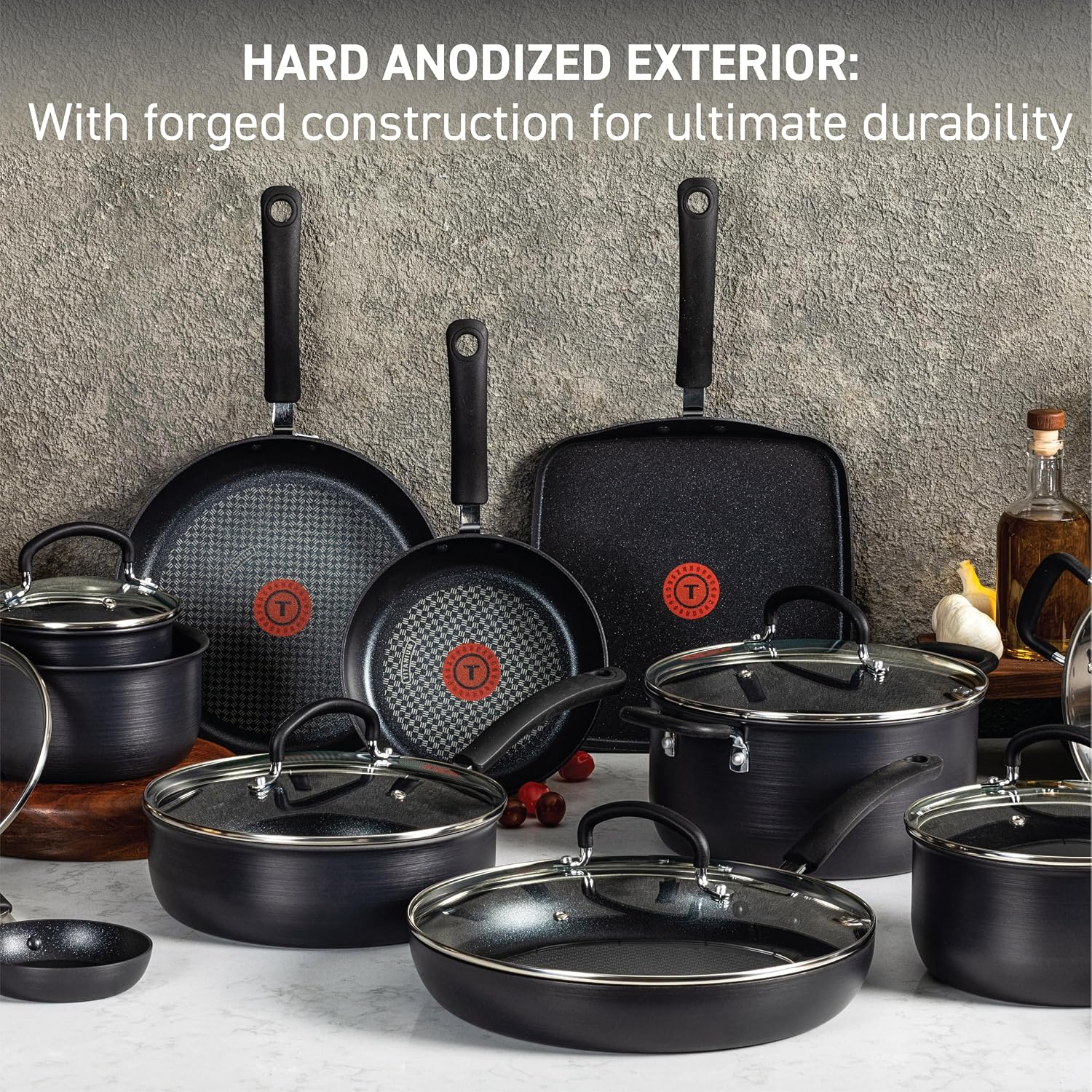 T-fal Ultimate Hard Anodized Nonstick Pots and Pans Set 14 Piece, Oven Broiler Safe 400F, Kitchen Cooking Set w/Fry Pans, Saucepans, Griddle, Dutch Oven, Dishwasher Safe, Cookware, Onyx