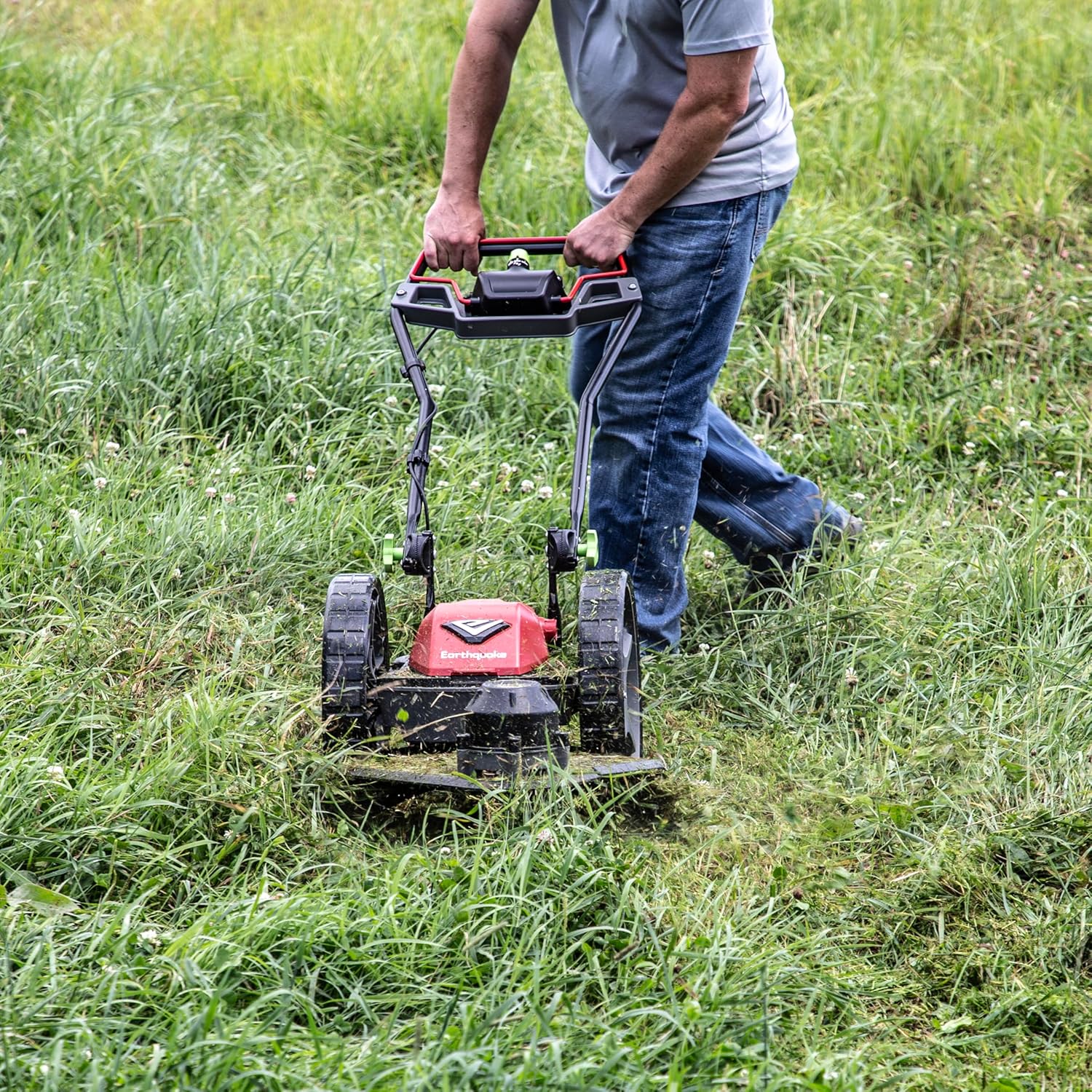 Earthquake 60V Walk Behind String Mower, Includes Two 4Ah Batteries, 22' Cutting Diameter, Three Cutting Speed Dial, 14' Never-Go-Flat Wheels, Easy Assembly, Adjustable Handlebar, Model #44965