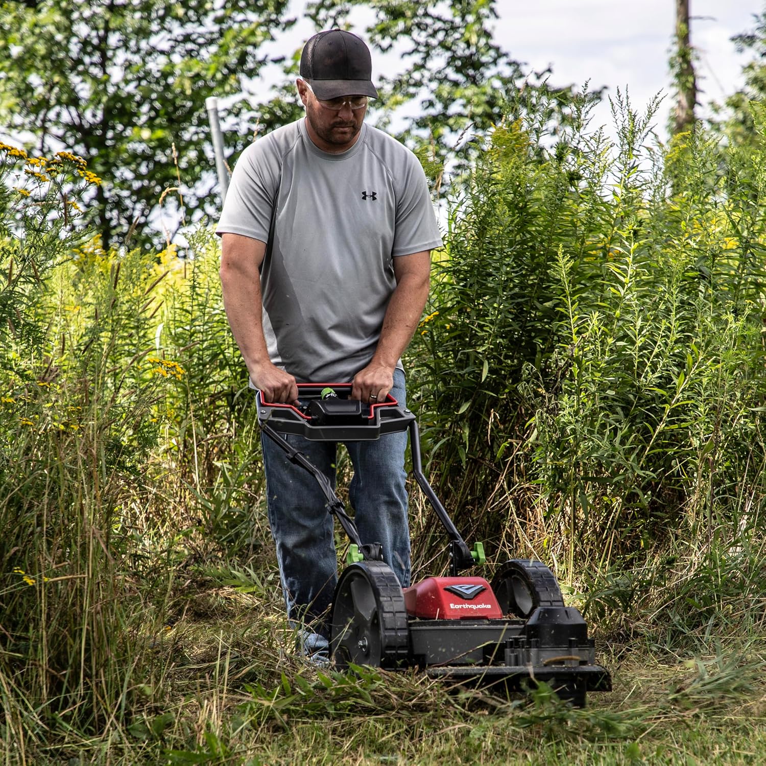 Earthquake 60V Walk Behind String Mower, Includes Two 4Ah Batteries, 22' Cutting Diameter, Three Cutting Speed Dial, 14' Never-Go-Flat Wheels, Easy Assembly, Adjustable Handlebar, Model #44965